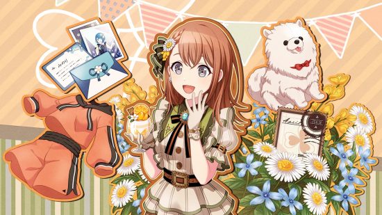 Project Sekai cards: Minori's birthday card where she's drinking a parfait and surrounded by flowers, a fluffy dog, a tracksuit, and letters from Haruka
