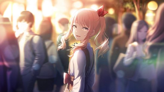 Project Sekai events: Mizuki looking back towards the camera over their shoulder in a crowd, but they are the focus of the image