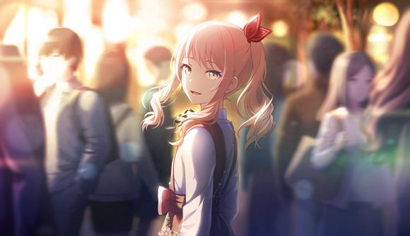 Project Sekai events: Mizuki looking back towards the camera over their shoulder in a crowd, but they are the focus of the image
