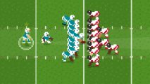 Retro Bowl Unblocked screenshot showing two teams facing off on the football pitch