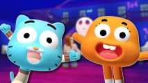 Roblox Cartoon Network: Roblox versions of Gumball and Darwin outlined in white and pasted on a blurred game screenshot from the haunted house