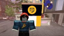 Roblox video advertising: A generic Roblox avatar standing in front of an edited Roblox billboard mock-up using the PT logo and colours