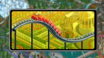 RollerCoaster Tycoon Classic Google Play: An image of a Google Pixel 7a phone with the RCT Classic key art on its screen as if it is playing the game, pasted on a blurred RCTC screenshot