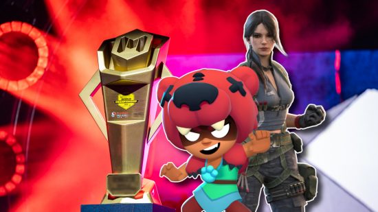Snapdragon Pro Series Year 3: A Brawl Stars character and a COD Mobile character standing next to the 2023 COD Mobile ESL trophy