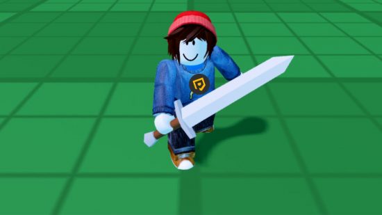 Solo Challenging Simulator codes - an avatar in a blue PT jumper and red beanie leaning forwards holding a long sword in a grass field