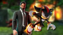 Sonic movie Shadow: Shadow the Hedgehog and Fortnite's John Wick skin both outlined in white and pasted on a blurred Shadow the Hedgehog 2005 screenshot