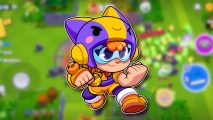 Squad Busters interview: A cute Squad Busters character with a cat helmet on her head holding up her fists, outlined in white and pasted on a blurred game screenshot