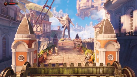 Steampunk games - a statue sits in the center of a town surrounded by clouds and a blue sky