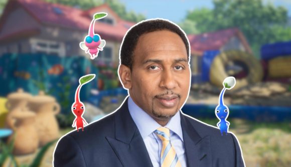 Custom image for Stephen A Smith Pikmin news with Smith in the image with a Red Pikmin on one shoulder and a Blue Pikmin on the other with a Winder Pikmin overhead