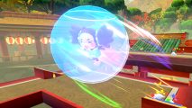 Super Monkey Ball Banana Rumble release date: A girl monkey zooming across the screen in a blue ball smiling