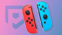 Custom image for Nintendo Switch 2 Joy-Cons news with original Red and Blue Joy-Cons on a purple background