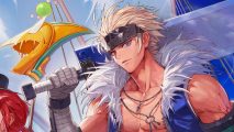 Tencent share price rise: A close-up of the official release date artwork for Dungeon and Fighter Mobile featuring a blonde anime man with a big sword and a bare chest