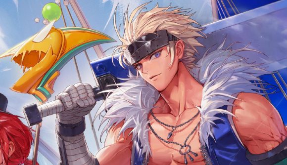 Tencent share price rise: A close-up of the official release date artwork for Dungeon and Fighter Mobile featuring a blonde anime man with a big sword and a bare chest