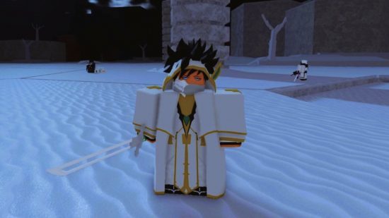 type soul character in a white and gold suit with a sword