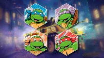 World of Tanks Blitz TMNT: The four TMNT profile icons from the collab outlined in white and pasted on a blurred image of the Mutant Tank
