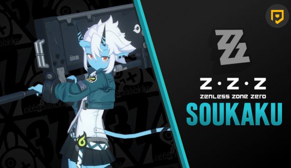 Zenless Zone Zero's Soukaku holding a briefcase over her shoulder standing next to text that says "ZZZ SOUKAKU"