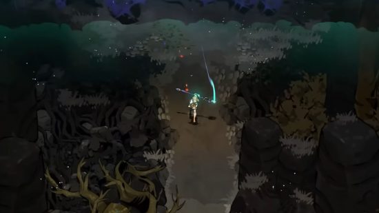 Melinoe using the Hades 2 weapons - Witch's Spear while running through a forest