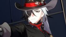 Honkai Star Rail Boothill pointing off screen wearing a black jacket and a cowboy hat