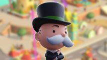 Monopoly Go Full Bloom- the Monopoly Man wearing a top hat and a black suit