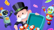 Coin Master free sMonopoly Go Robo partners - the monopoly man holding an open case filled with canisters