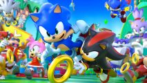 Key art of Sonic Rumble showing characters like Sonic and Shadow fighting to reach a golden ring