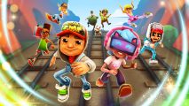 Key art of Subway Surfers classic showing off old and new characters running along a train track