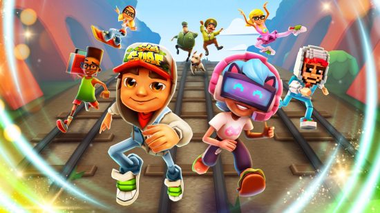 Key art of Subway Surfers classic showing off old and new characters running along a train track