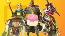 TOTK anniversary - characters surrounding a pink birthday cake on a yellow background