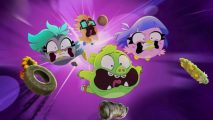 Angry Birds Mystery Island characters, Hamylton, Buddy, Rosie, and Mia, all hurtling through a purple portal