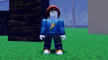 Anime Quest codes: An avatar in a red beanie and blue pizza jumper stood in front of ruins on some grass