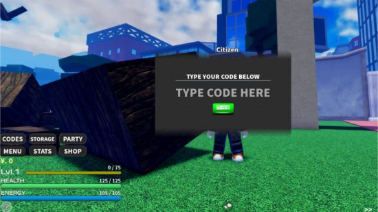 Anime Quest codes redemption screen in front of ruined trees on a field