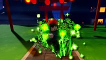 Anime RNG Battlegrounds codes: A Roblox character with a red hat surrounded by acid green sparkles and gas, pasted on a Roblox landscape with lanterns and a torii gate in the background
