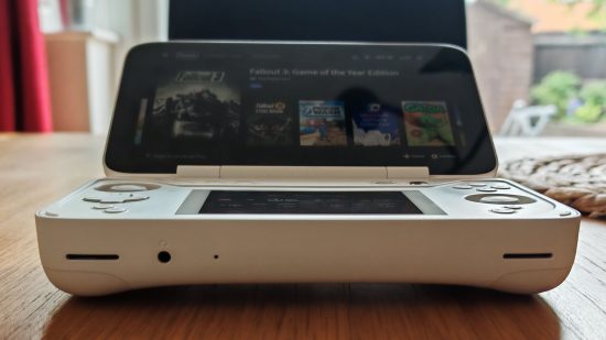 Custom image for Ayaneo Flip DS review showing the device from a flat angle