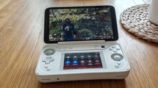 Custom image for Ayaneo Flip DS review with Fallout 76 in third person on screen