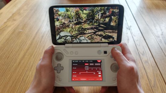 Custom image for Ayaneo Flip DS review with the device running Fallout 76 in the hands of the reviewer