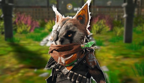 Biomutant Switch review: The raccoon-like main character and his robot cricket outlined in white and pasted on a blurred game screenshot