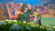 Fabledom guide: Art of a horseriding princess being presented a bouquet by a prince on one knee on a grassy hill. This is outlined in white and pasted on a blurred game screenshot