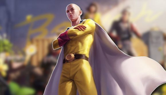 Free Fire anime: Free Fire's version of Saitama from One Punch Man outlined in white and pasted on a blurred Free Fire promotional image