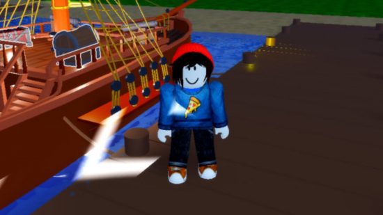 Kingdom Conqueror's codes screenshot showing an avatar in a blue pizza jumper and red beanie stood on a dock in front of a ship