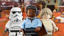 Lego Fortnite Star Wars: Minifigures of Lando, Luke, and a Stormtrooper, outlined in white and pasted on a blurred Lego Fortnite Star Wars screenshot