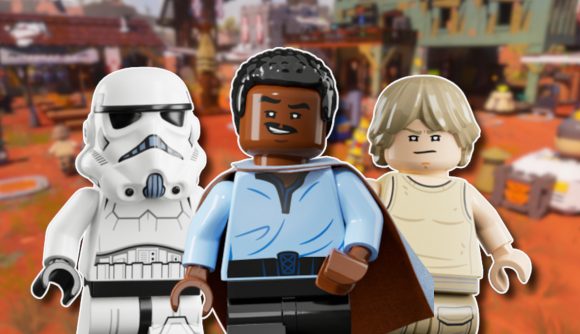 Lego Fortnite Star Wars: Minifigures of Lando, Luke, and a Stormtrooper, outlined in white and pasted on a blurred Lego Fortnite Star Wars screenshot