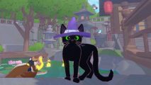 Little Kitty, Big City review - the kitty wearing a witch hat and standing in front of a pond with a father duck and four ducklings