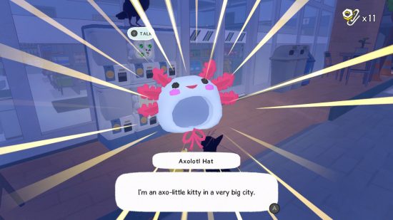 Recensione di Little Kitty, Big City: uno screenshot di me che ricevo il cappello di Axolotl