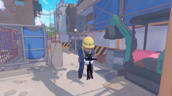 Little Kitty, Big City review - a screenshot of a human carrying the kitty out of a construction zone