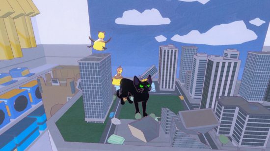 Little Kitty, recensione di Big City - uno screenshot del gattino in una città modello, che fa cadere gli edifici mentre gli anatroccoli lo seguono dietro di lui