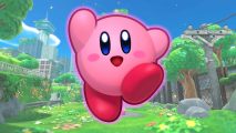 New kirby game: Kirby leaping in the air in front of a city overrun with grass and trees