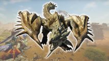 New Monster Hunter game - a green and yellow dragon growling in front of a desert background