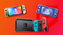 Nintendo 2024 financial results: All three Switch systems arranged on a red PT background and outlined in white