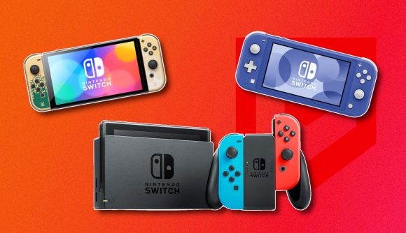 Nintendo 2024 financial results: All three Switch systems arranged on a red PT background and outlined in white