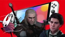 hornet, geralt of rivia, and sebastian sallow in front of a nintendo switch on a red background